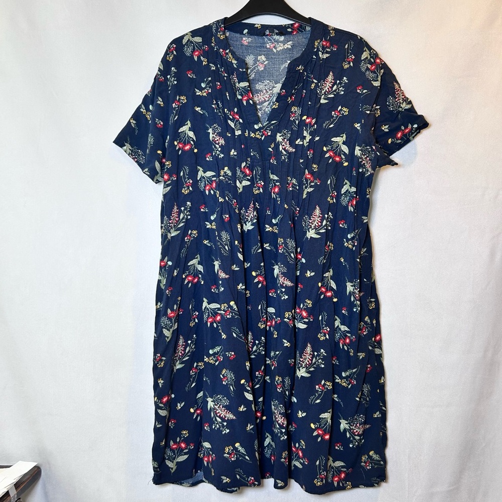 Short Sleeve V-Neck Babydoll Peasant Dress Navy Blue Floral XXL